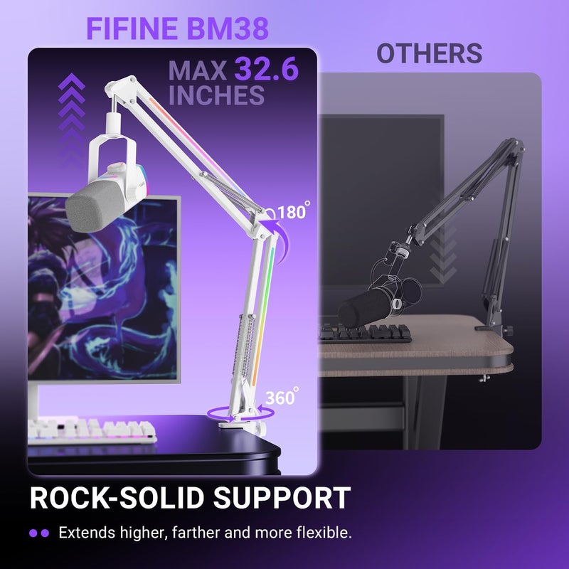 FIFINE Microphone Boom Arm, Heavy Duty Mic Arm with Controllable RGB Light,C-Clamp,Gaming Desktop Mic Mount Capacity for AM8,Studio Podcasting,Recording,Gaming,Streaming-BM38W - Image 3